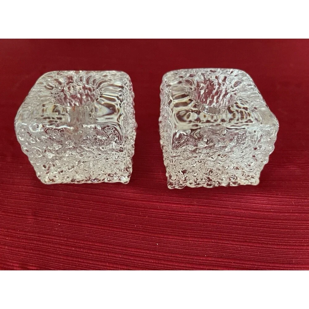 Iittala or Ingrid Glass MCM Ice Block Candle Holders Pair Brutalist Texture
